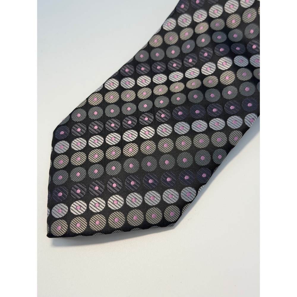 Rossi Mens Geometric Circle Print Necktie Black Grey Pink Hand Made 0824